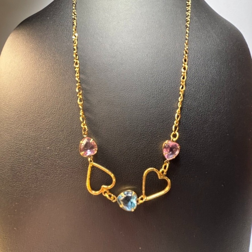 Pendant Necklace Vintage Gold Tone Delicate Hearts Blue Pink